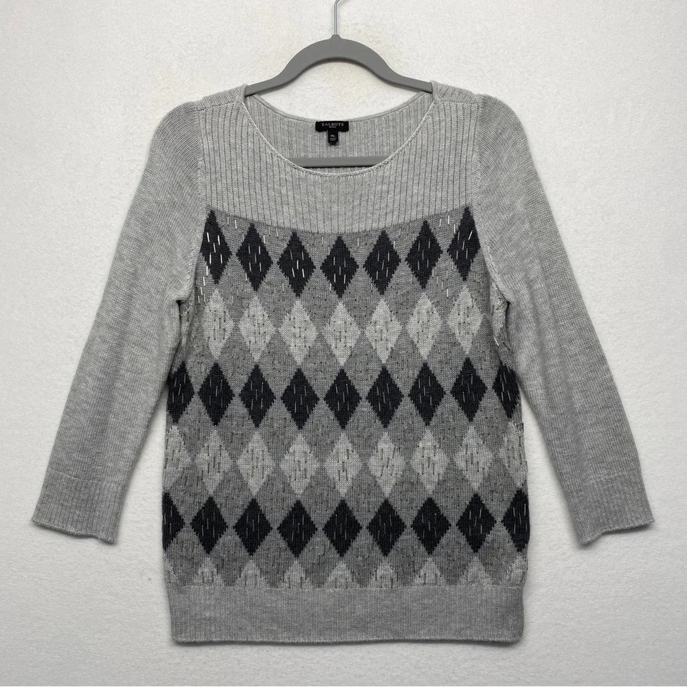 Talbots‎ Nylon Wool Argyle Knit Sweater Gray M Petite Beaded